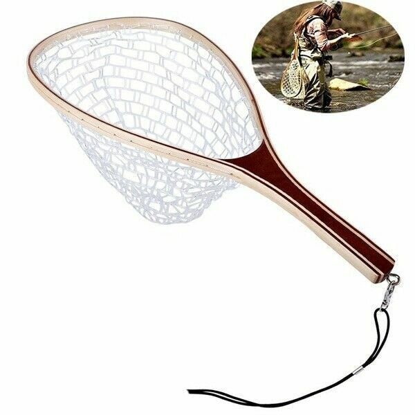 Wooden Handmade, Coarse fishing Rubber Fly Fishing trout/salmon Landing Net