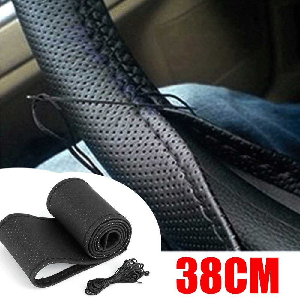 New Leather DIY Car Steering Wheel Cover Anti-slip For 15"/38 cm Dia Black