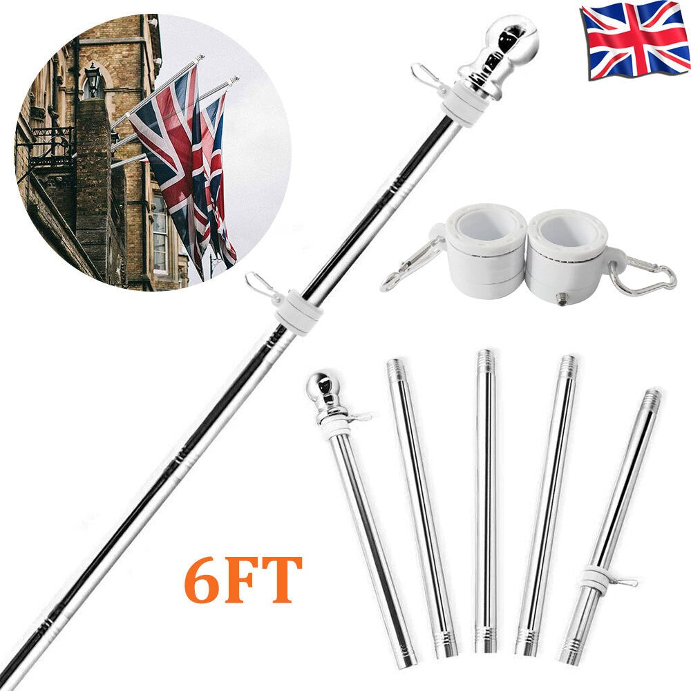 Heavy Duty Adjustable Flag Pole Kit 6FT, Stainless with Free Rings & Outdoor