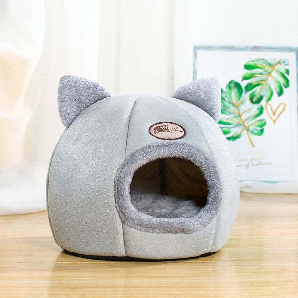 Large Cat Bed Cave Small Wool Cozy Pet Igloo Bed Winter House Nest Kennel Grey