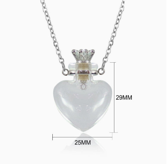 Vial Necklace, Stainless Steel Glass Heart Perfume Bottle 29mm, Light Blue