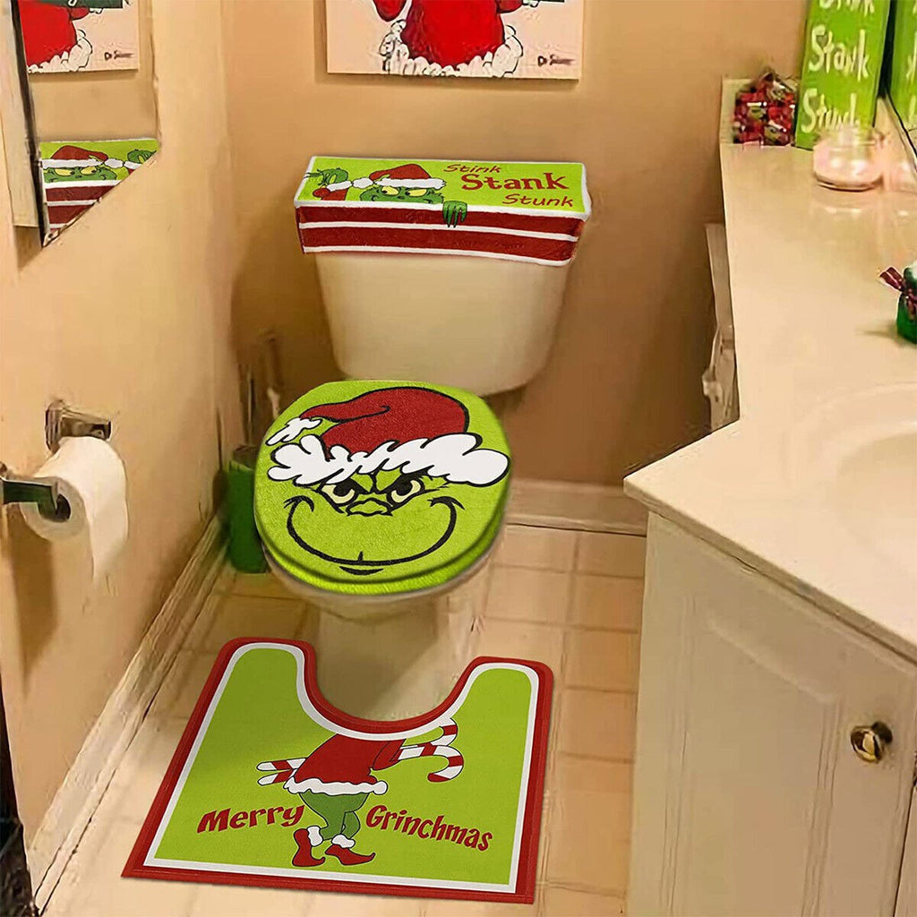 4X Bathroom Toilet Christmas Grinch Decor Sets Seat Collar Cover Non-slip Mat