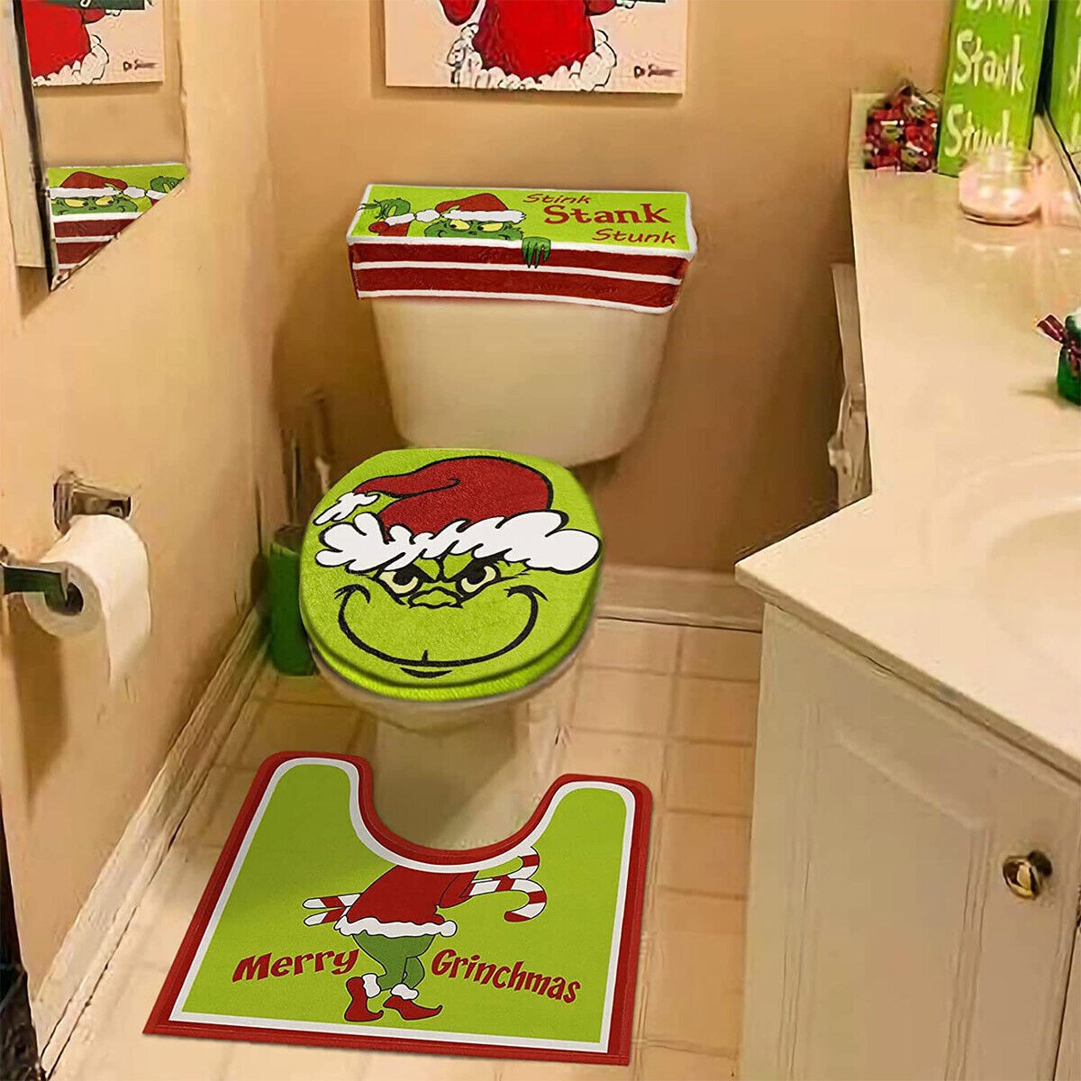 4X Bathroom Toilet Christmas Grinch Decor Sets Seat Collar Cover Non-slip Mat