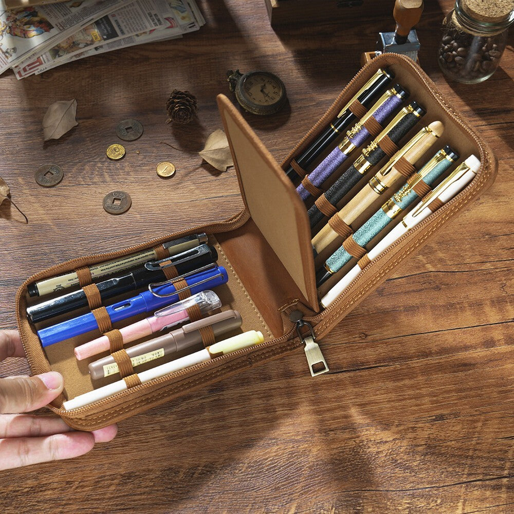 Genuine Leather 12 Slots Fountain Pen Case Stationery Pen Storage Bag Organizer