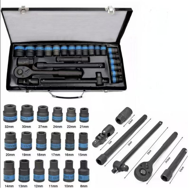 24Pcs Heavy-Duty 1/2" Drive Socket Wrench Set 8-32mm w/ Extension Bar Metal Case