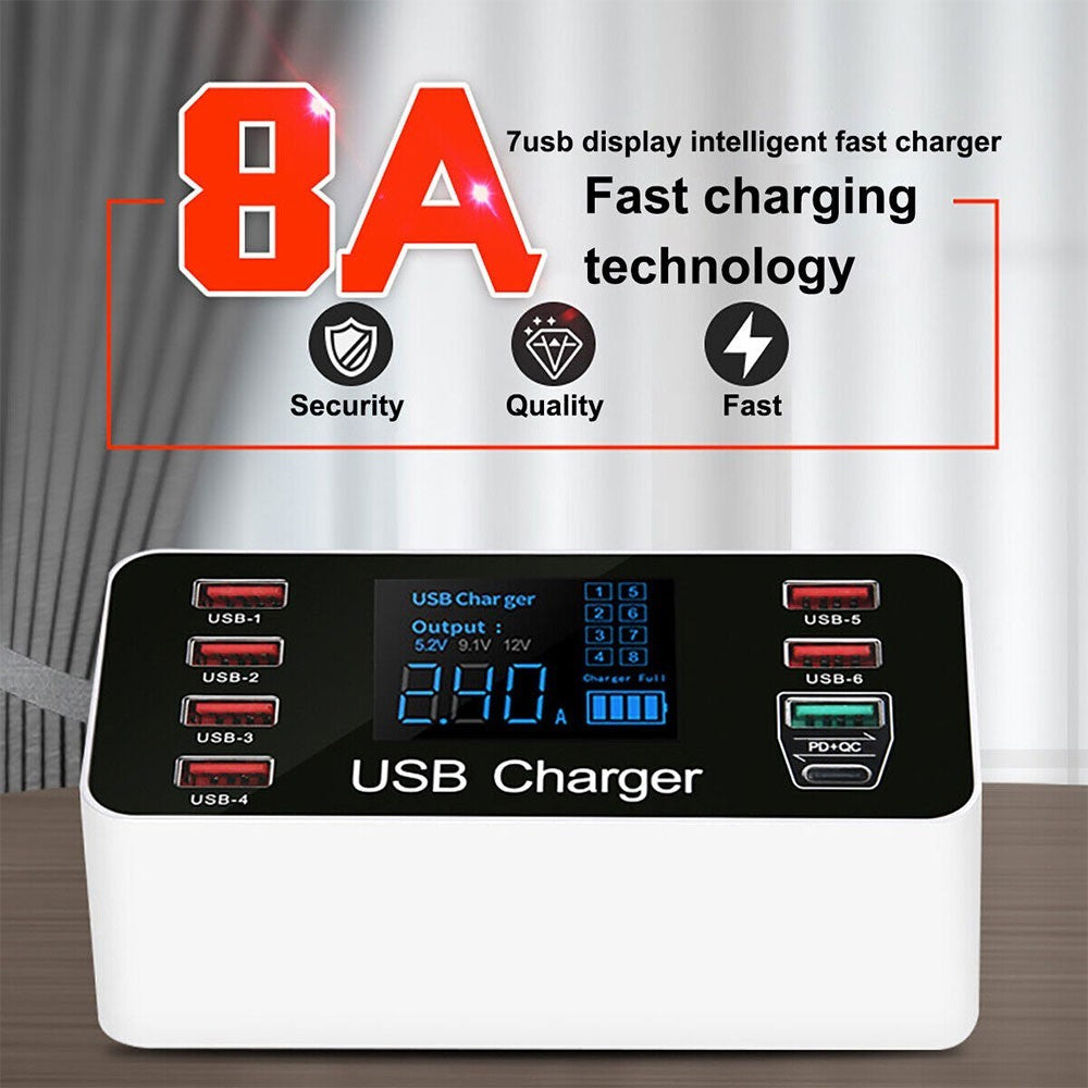 LCD Display Station Hub with UK Plug 8 Multi-Port USB Fast Quick Charger Adapter