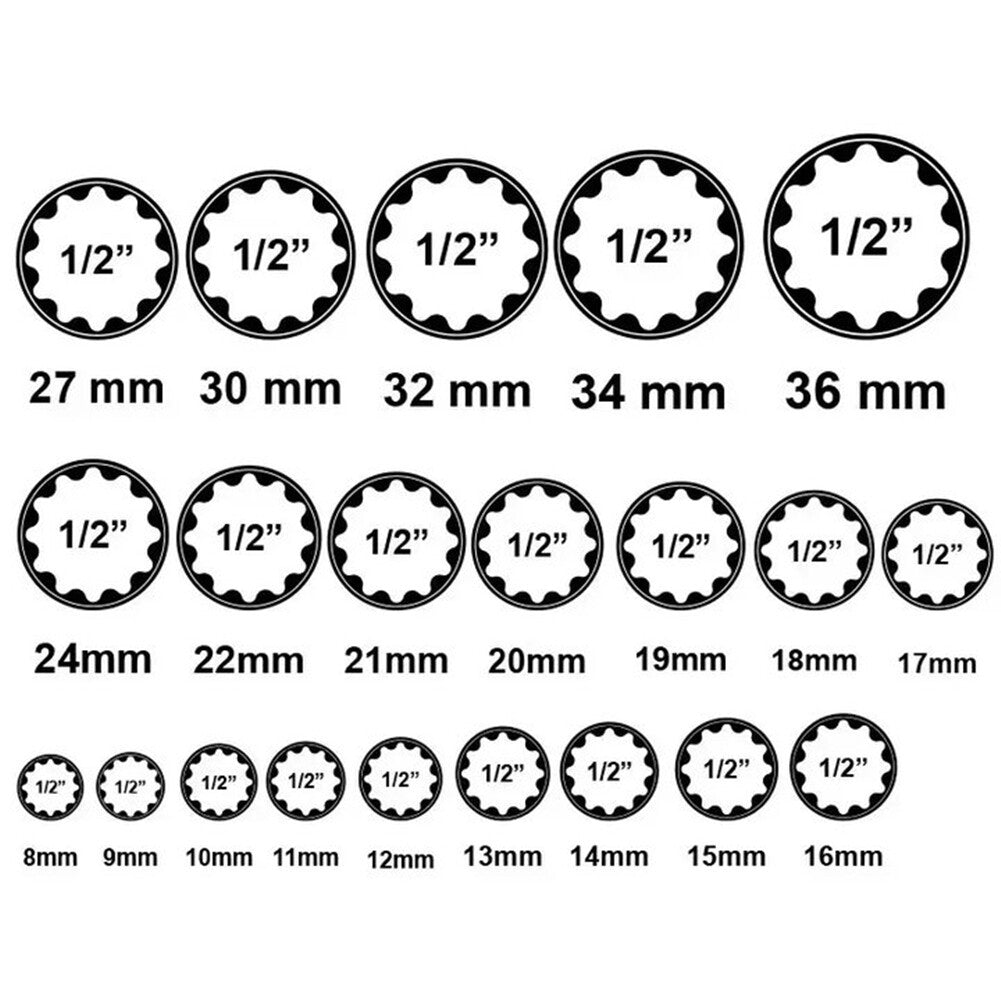 CR-V 21Pcs 1/2 Inch Drive 12pt Spline Metric Socket 8-36mm Universal Set