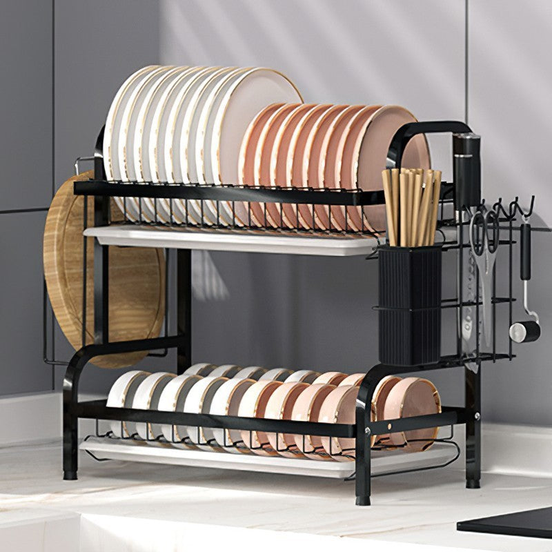 2 Tiers Large Dish Drainer Plate Rack Dryer Knives Cutlery Holder with Drip Tray