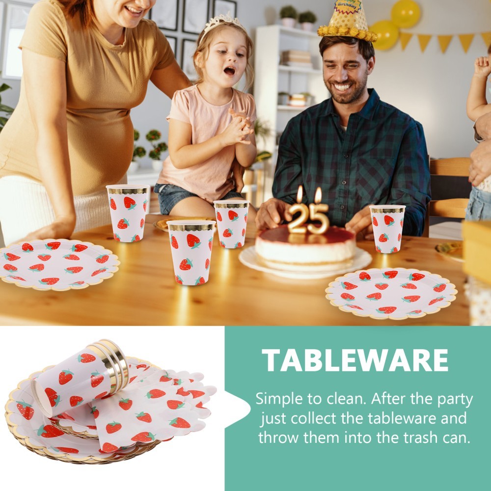 2X Strawberry Themed Napkins Disposable Tableware Plates Cups Straws Set for