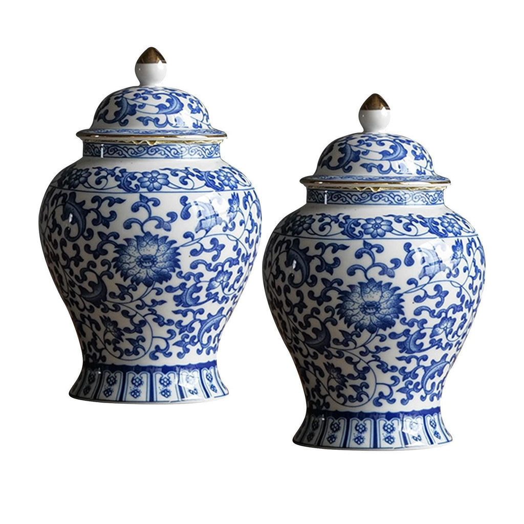 2x Traditional Ceramic Ginger Jars Floral Arrangement Glazed Porcelain Jar
