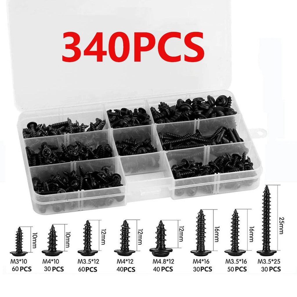 340Pcs Phillips Self Tapping/Drilling Black Screws Wafer Head for Timber & Metal