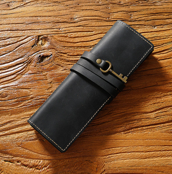 Leather Pencil Case Roll Up Retro Pen Holder Storage Pouch Pen Curtain