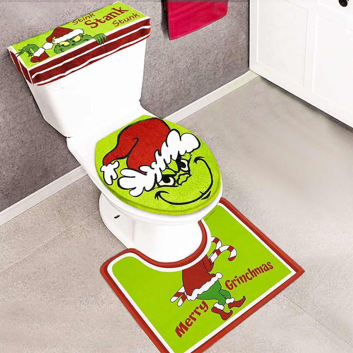 4X Bathroom Toilet Christmas Grinch Decor Sets Seat Collar Cover Non-slip Mat