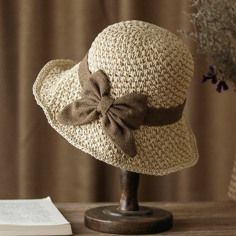 Women's Straw Bucket Hat Brim Sun Hat Crochet Floppy Beach Hat with Ruffled Bow