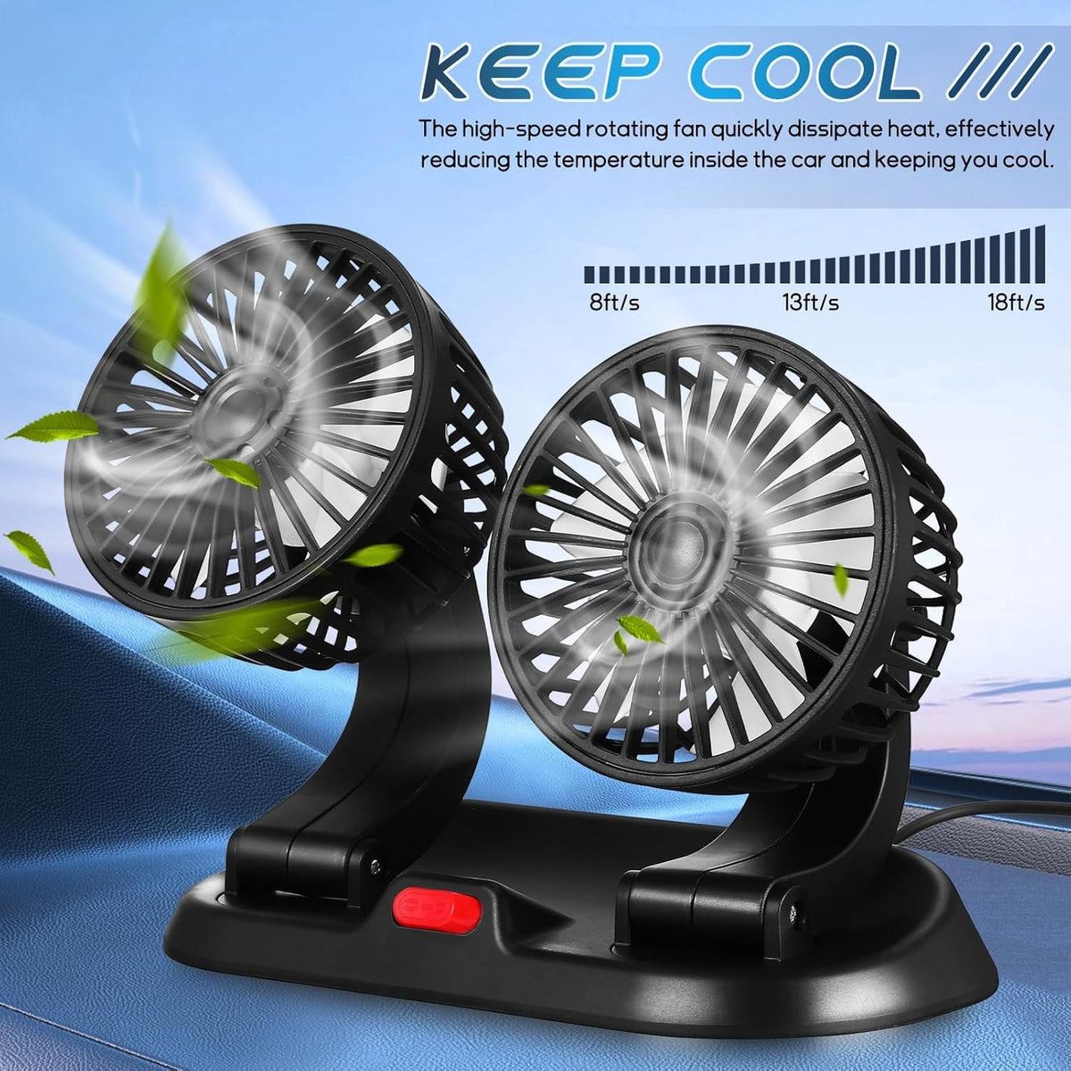 Dual Head USB Car Fan Portable Vehicle Truck 360° Rotatable Auto Cooling Cooler
