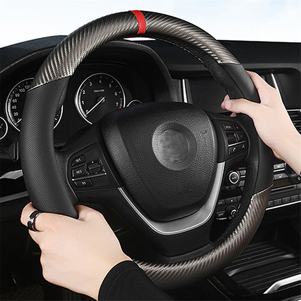 Car Steering Wheel Cover Carbon Fiber   Leather Non Slip 38cm 15'' Universal