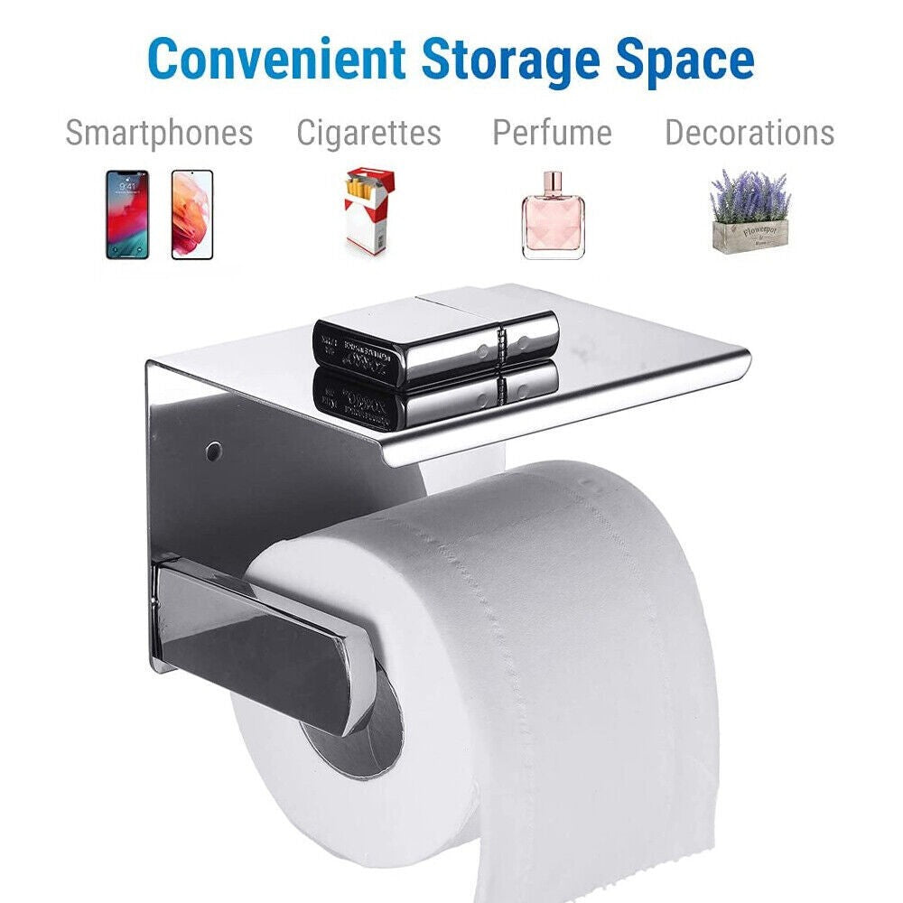 Bathroom Toilet Paper Roll Holder Wall-Mounted With Mobile Phone Storage Shelf