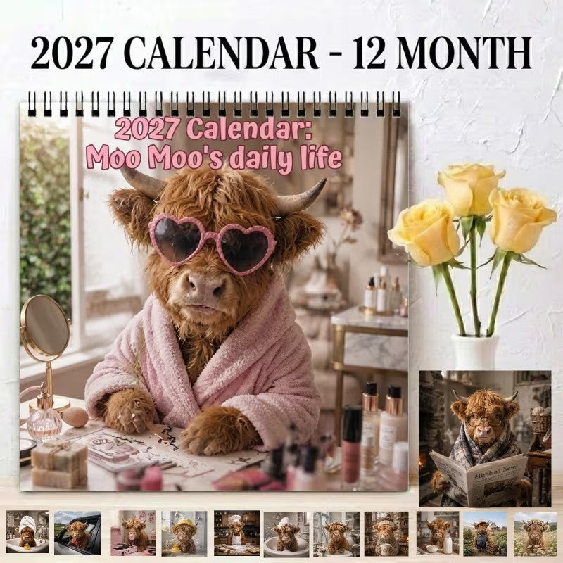 Highland Cow Calendar 2027, Watercolour Cows Monthly Planner Scottish Wall Decor