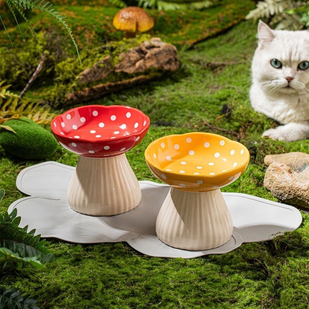 Mushroom Cat Bowl Resin Elevated Shelf, Beard Friendly Raised Cat Food Bowl