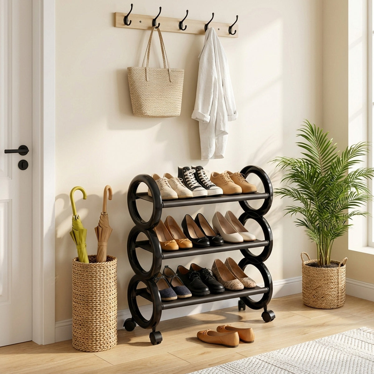 3-Tier Rolling Shoe Rack with Wheels,Circular Design Metal Storage Shelf