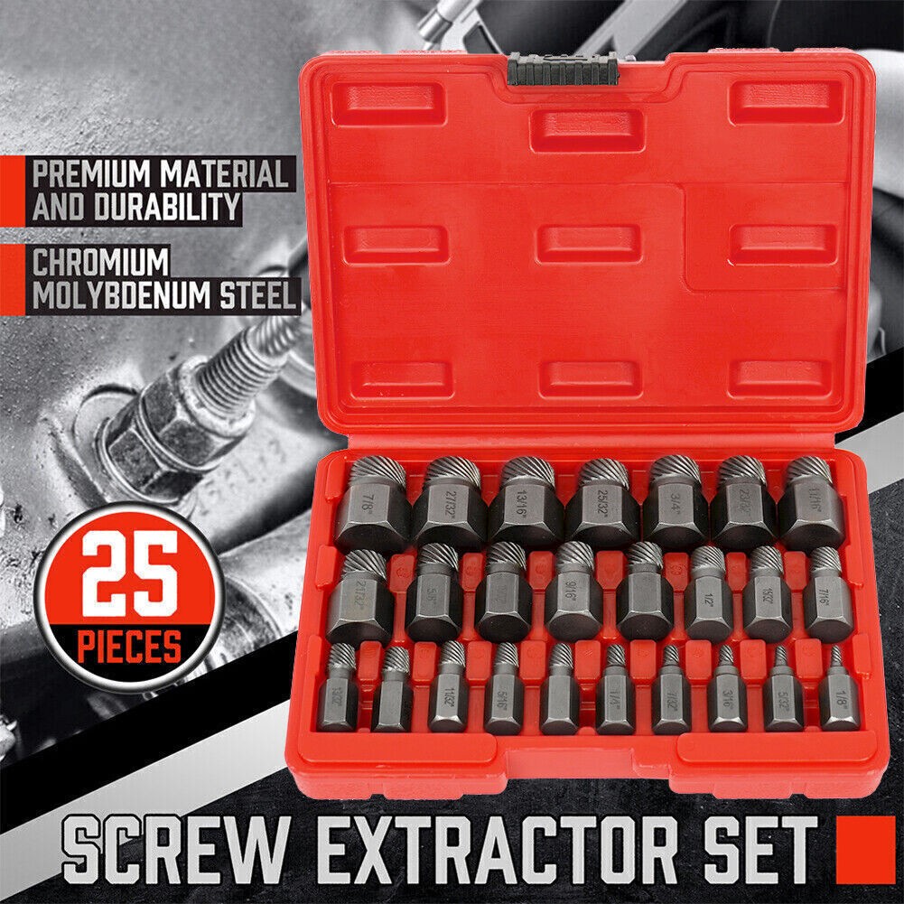25 Piece Damaged Screw Extractor Set Multi-Spline Easy Out Broken Bolt Remover