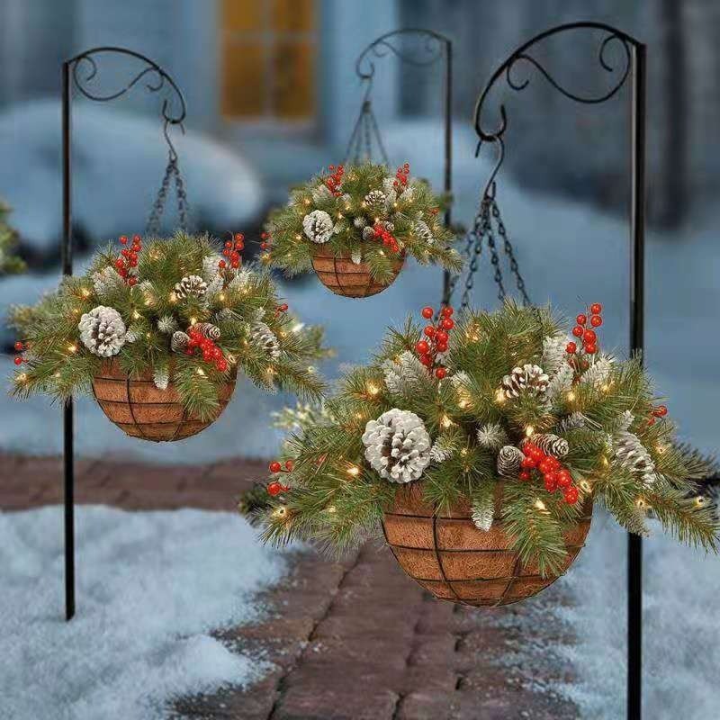 Artificial Christmas Hanging Basket, w/Led Light& Frosted Pine Cones Berry Decor