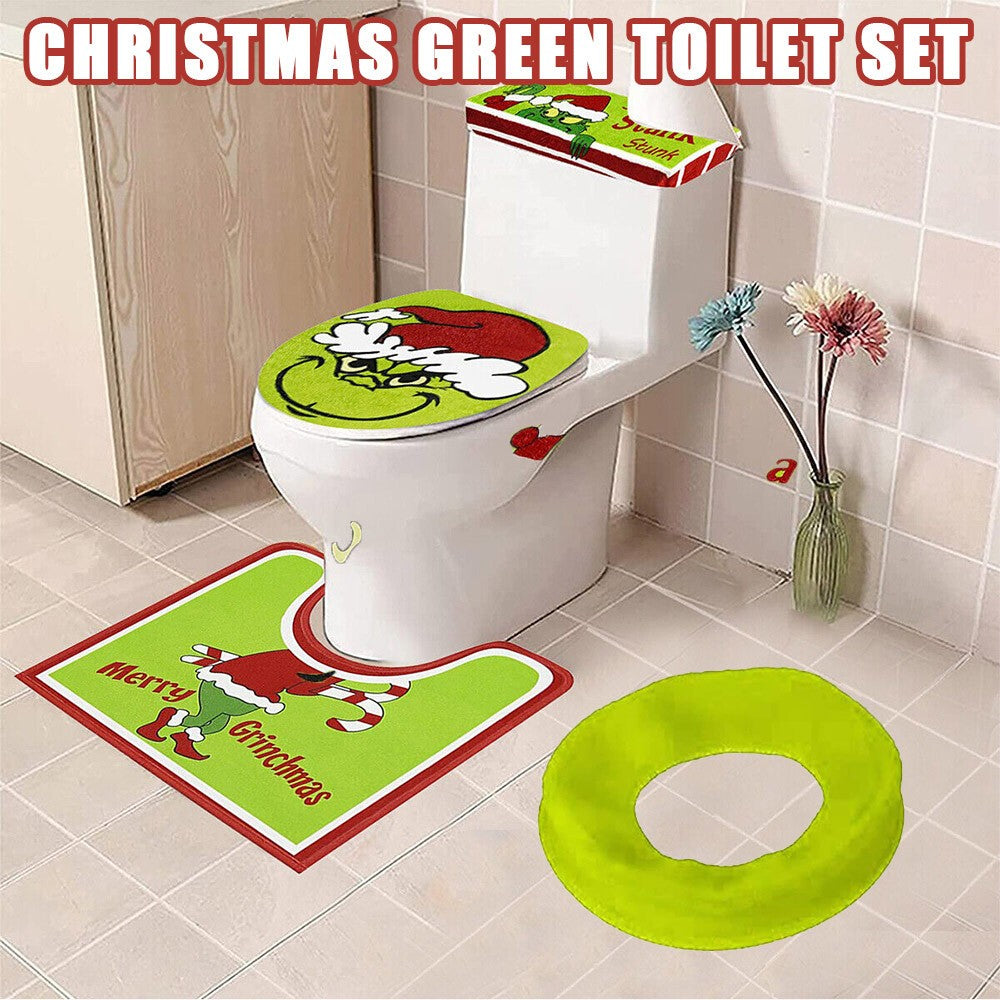 4PCS/Set Christmas Grinchs Decor Bathroom Toilet Pad Seat Cover-Rug for Bathroom