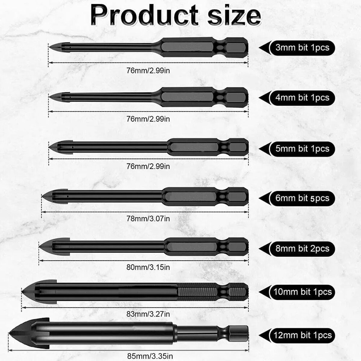 12Pcs Dry Diamond Drill Bits For Granite Tile Glass Porcelain Marble Ceramic Set