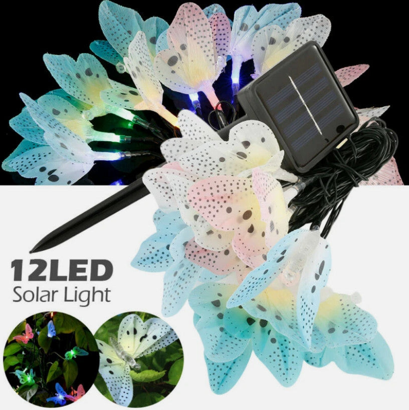 12Pcs LED Solar Powered Butterfly Fiber Optic Fairy String Outdoor Garden Lights