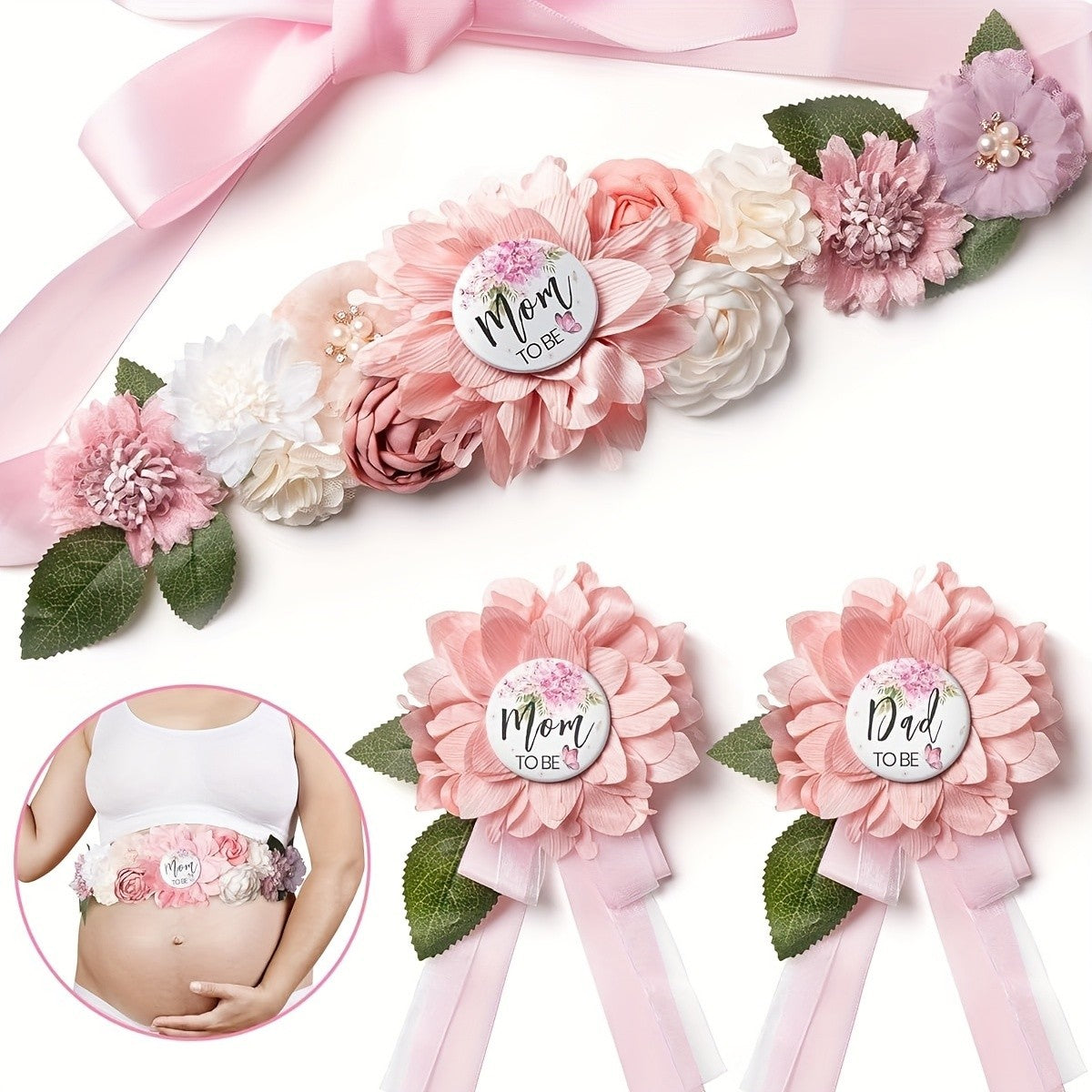 3pcs Expectant Mothers Belts And Badges Mom And Dad Flower Belts Maternity Sets