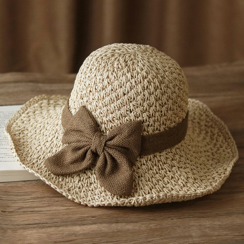 Women's Straw Bucket Hat Brim Sun Hat Crochet Floppy Beach Hat with Ruffled Bow