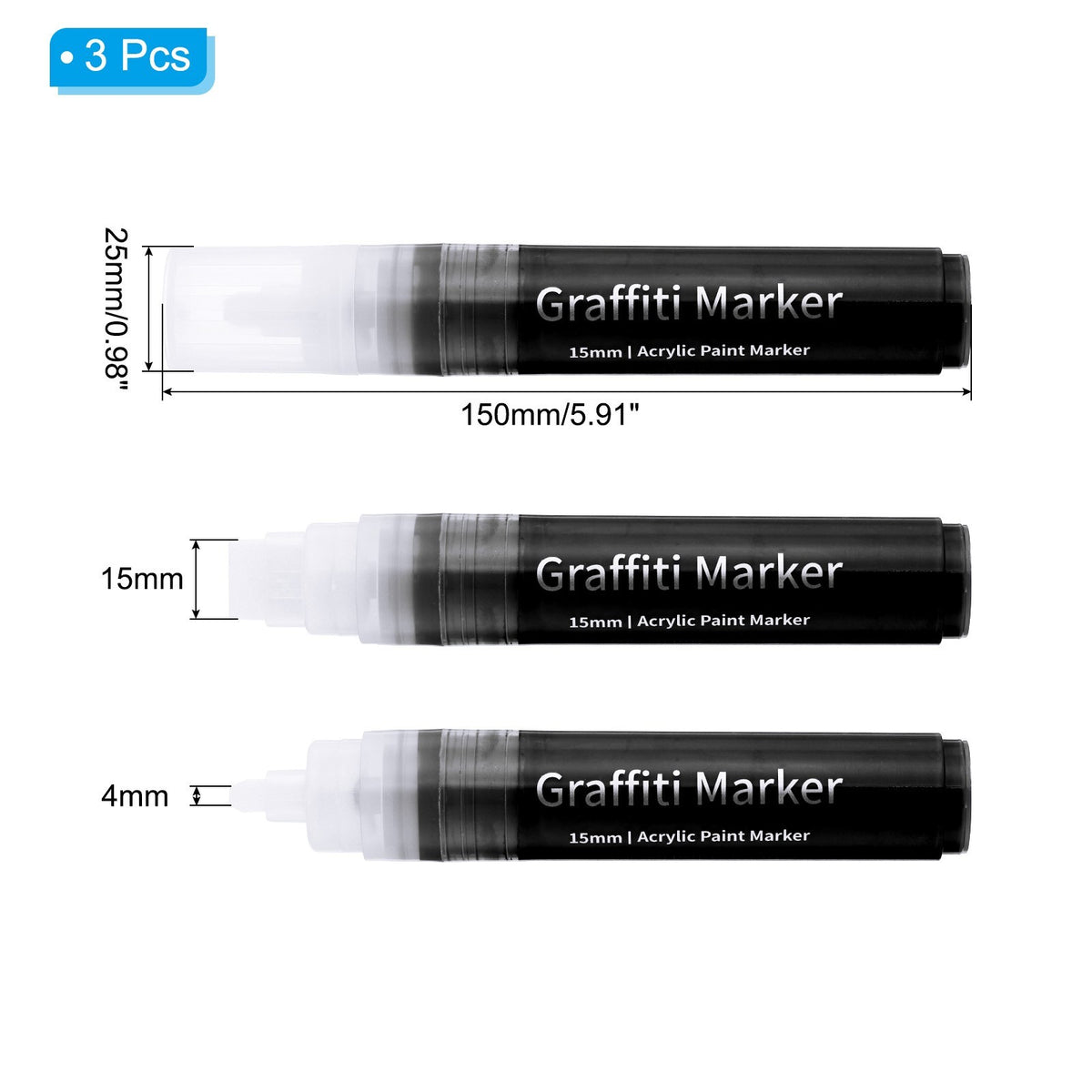 3 Pcs Graffiti Markers 15mm Black Poster Markers Thick Acrylic Paint Pen