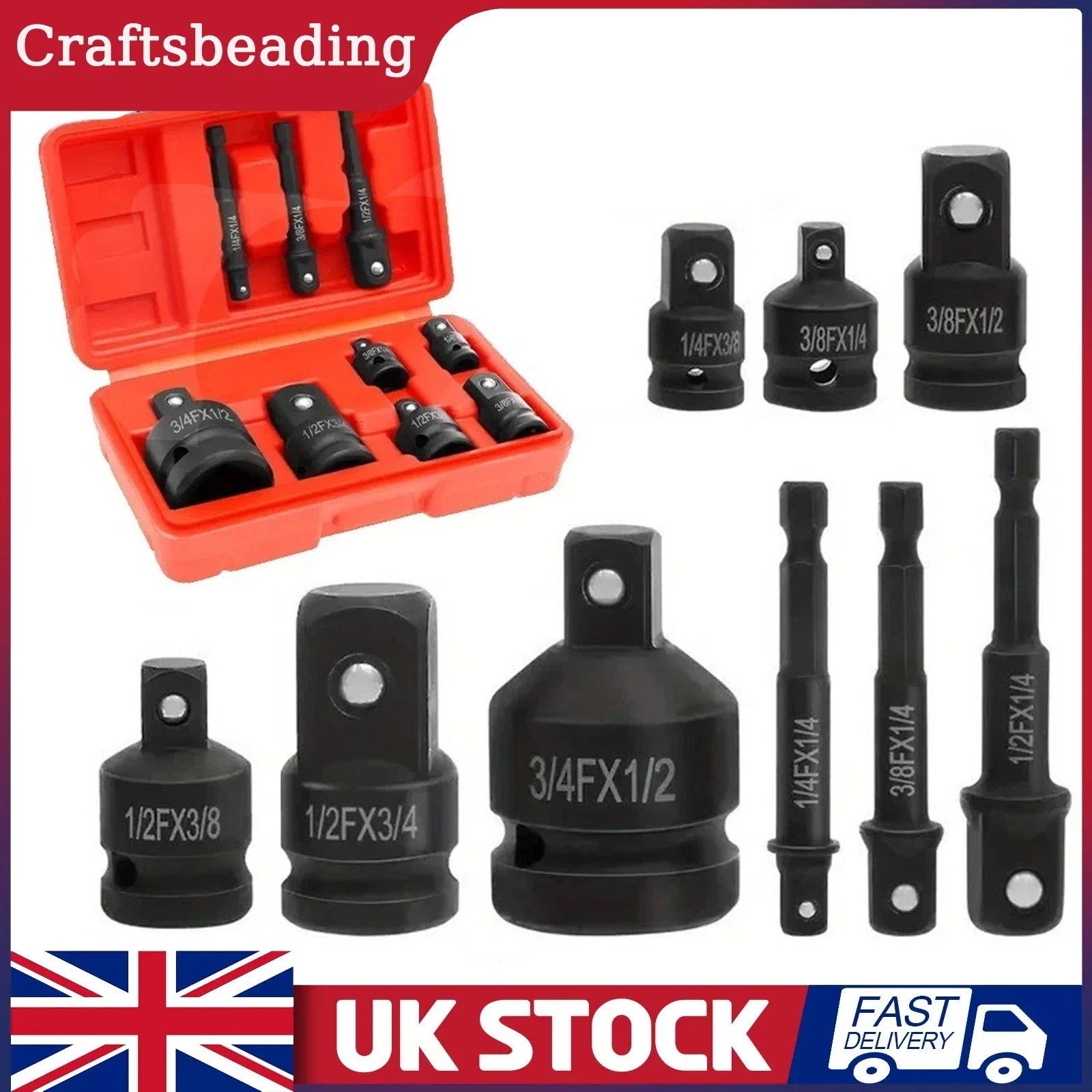 9 Piece Impact Socket Adapter and Reducer Set Female to Male 3/4" 1/4" 3/8" 1/2"