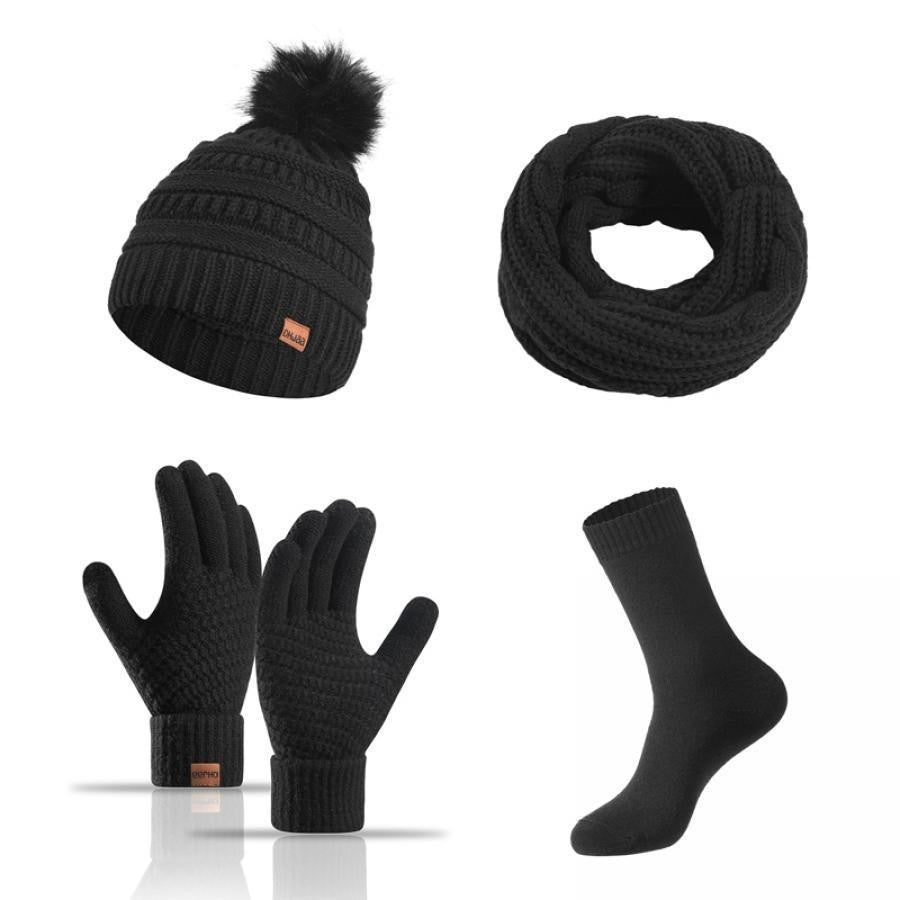 Hat Scarf and Gloves Set Ladies, Winter Beanie Hat for Women with Pom Pom Fleece