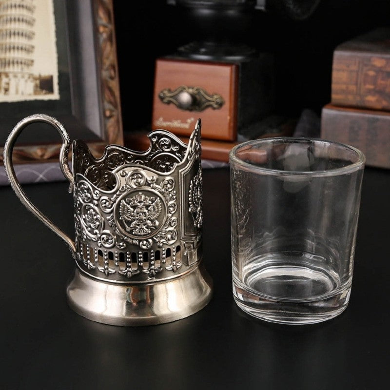 Russian Podstakannik Set Crystal Hot Tea Glasses with Glass Holders Drinkware