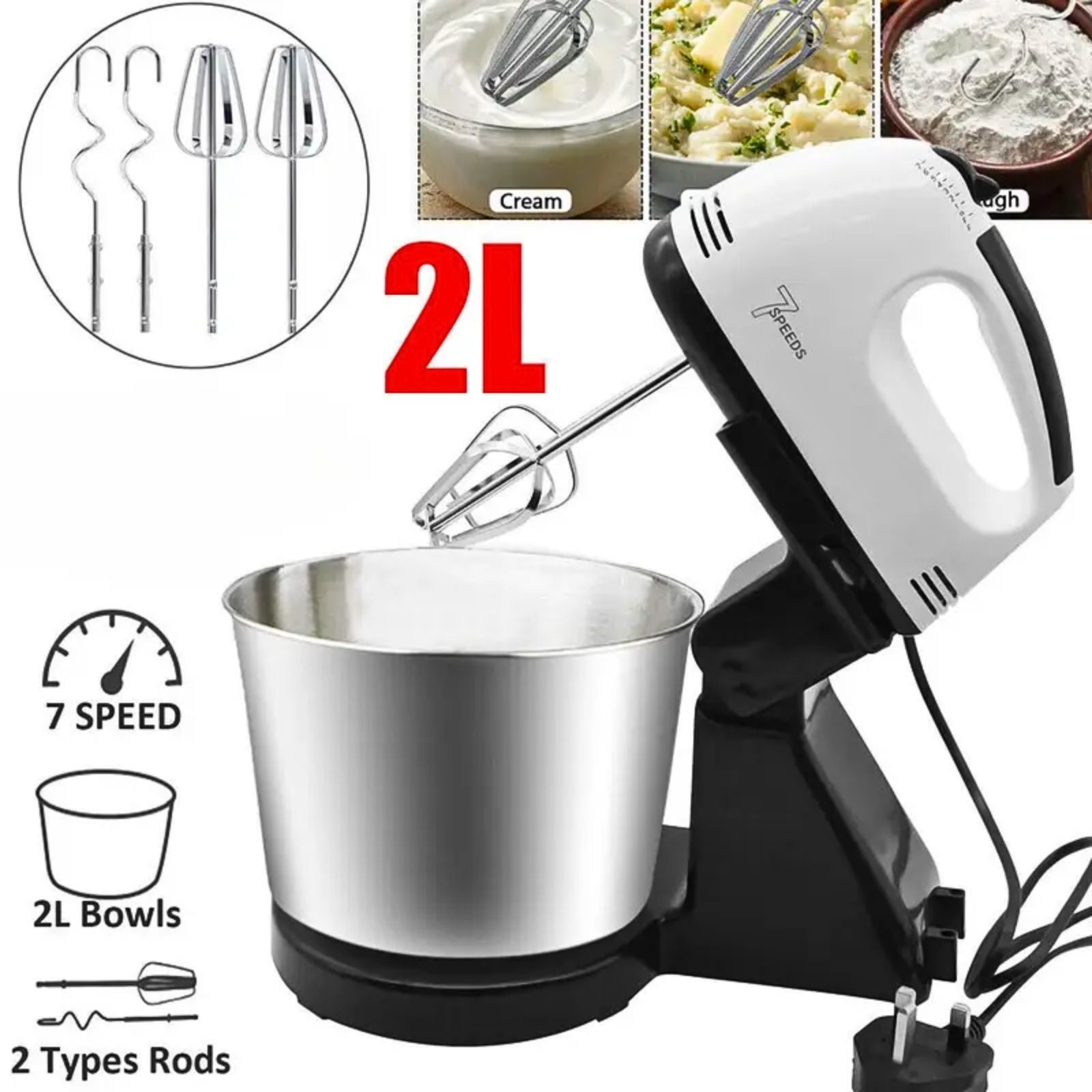 7 Speed Electric Hand Mixer  Handheld Whisk Beaters & Dough Baking Hooks