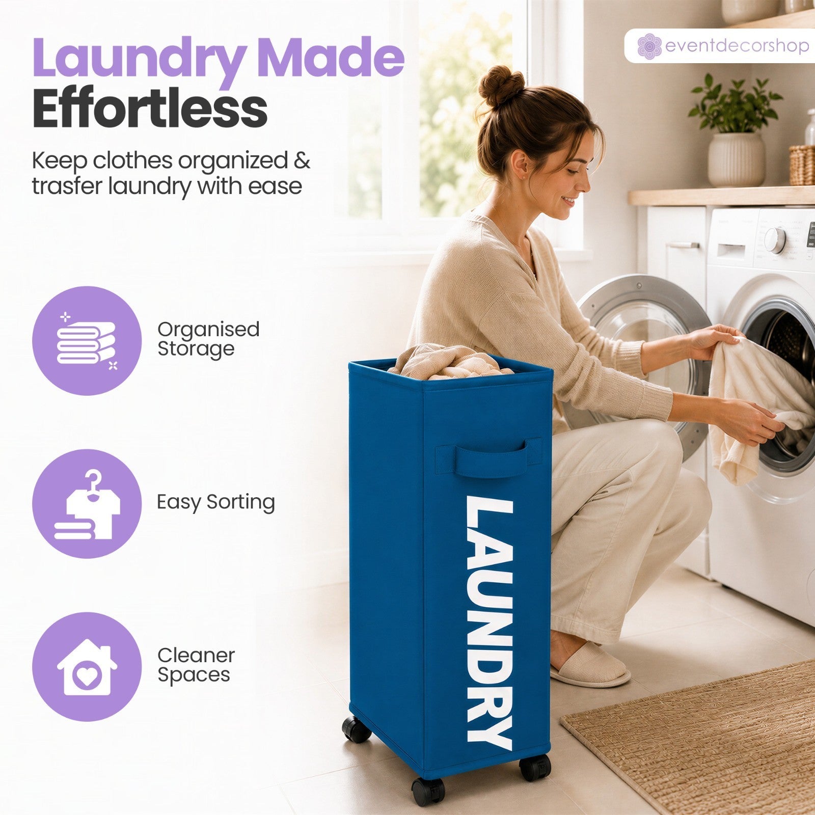 42L Water Resistant Laundry Basket w/Rolling Slim Wheels Foldable Washing Hamper
