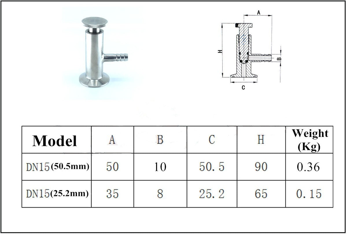 1/2" Clamp OD 50.5MM Sanitary Sampling Valve 316 Stainless Steel Silicone Seal