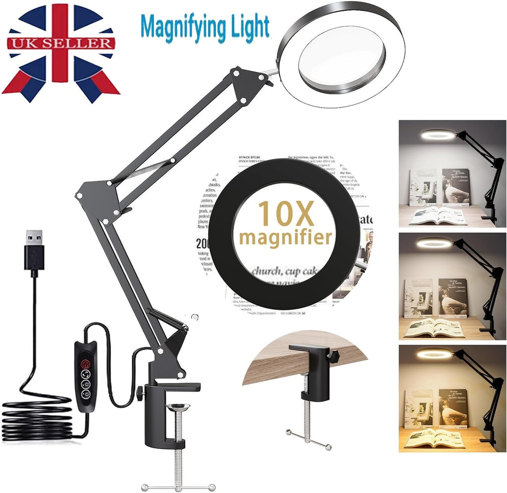 10X Magnifying Glass Lamp LED Light Magnifier Desk Table Task Craft Work Bench