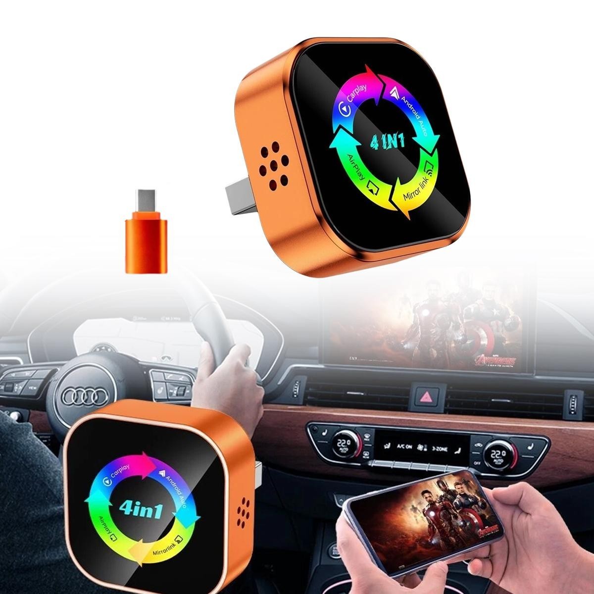 Wireless 4-in-1 CarPlay Android Auto MirrorLink Adapter BT WiFi USB Plug & Play