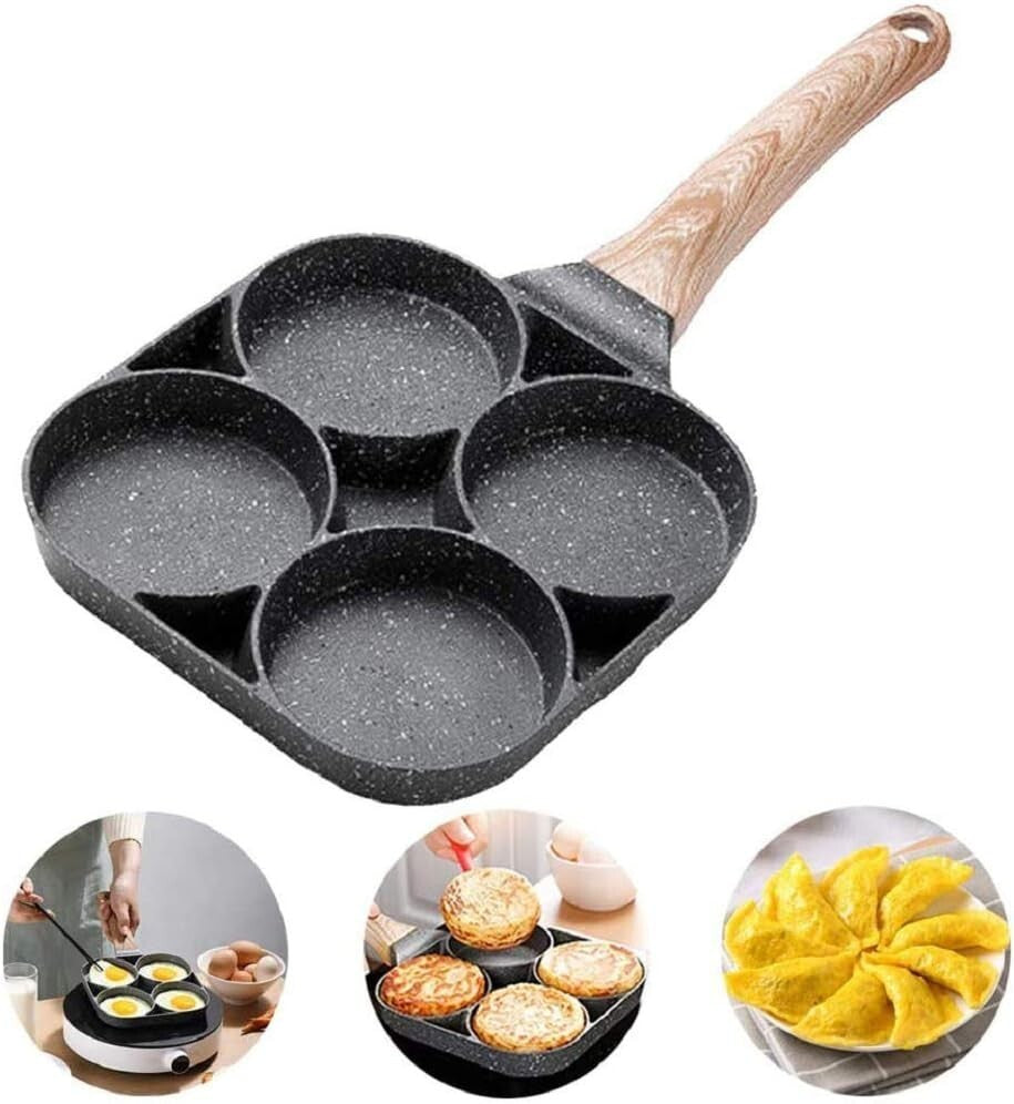 4 Hole Cup Egg Hamburger Pancake Maker Non-Stick Frying Pan with Wooden Handle