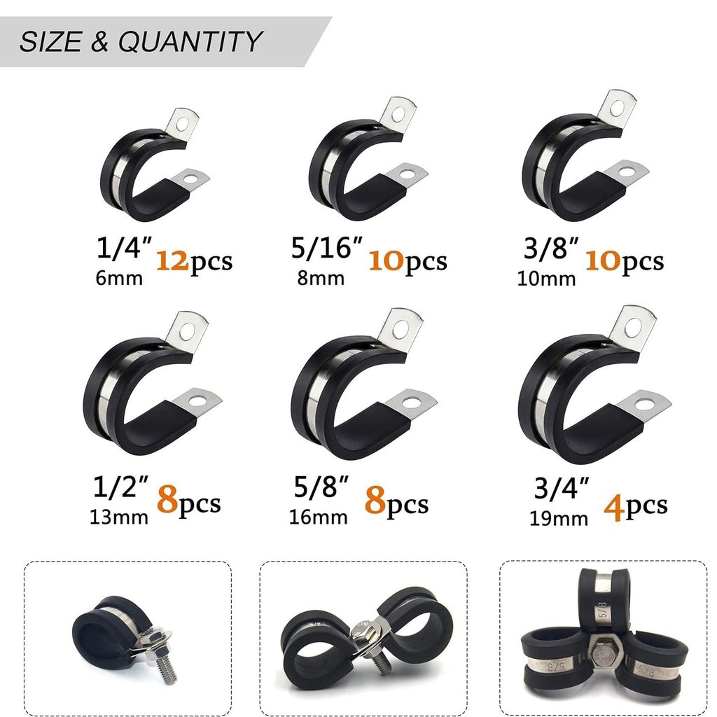 Rubber Lined Stainless Steel P Clip Hose Clamp Set Pipe Cable Clips Kit 6mm–19mm