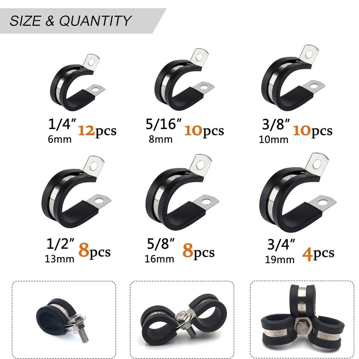 Rubber Lined Stainless Steel P Clip Hose Clamp Set Pipe Cable Clips Kit 6mm–19mm
