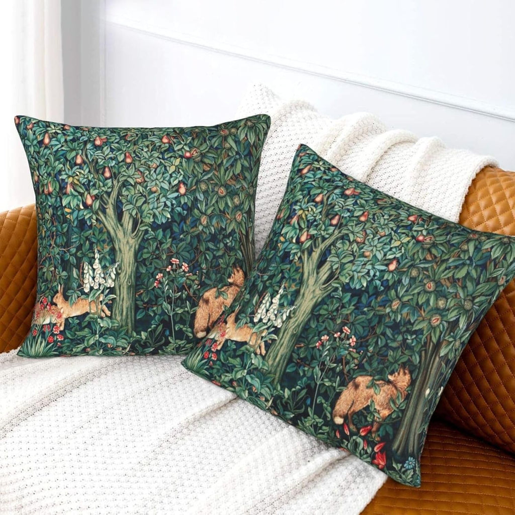 Set of 2 William Morris Pillow Covers Forest Fox Hares Blue Green Floral