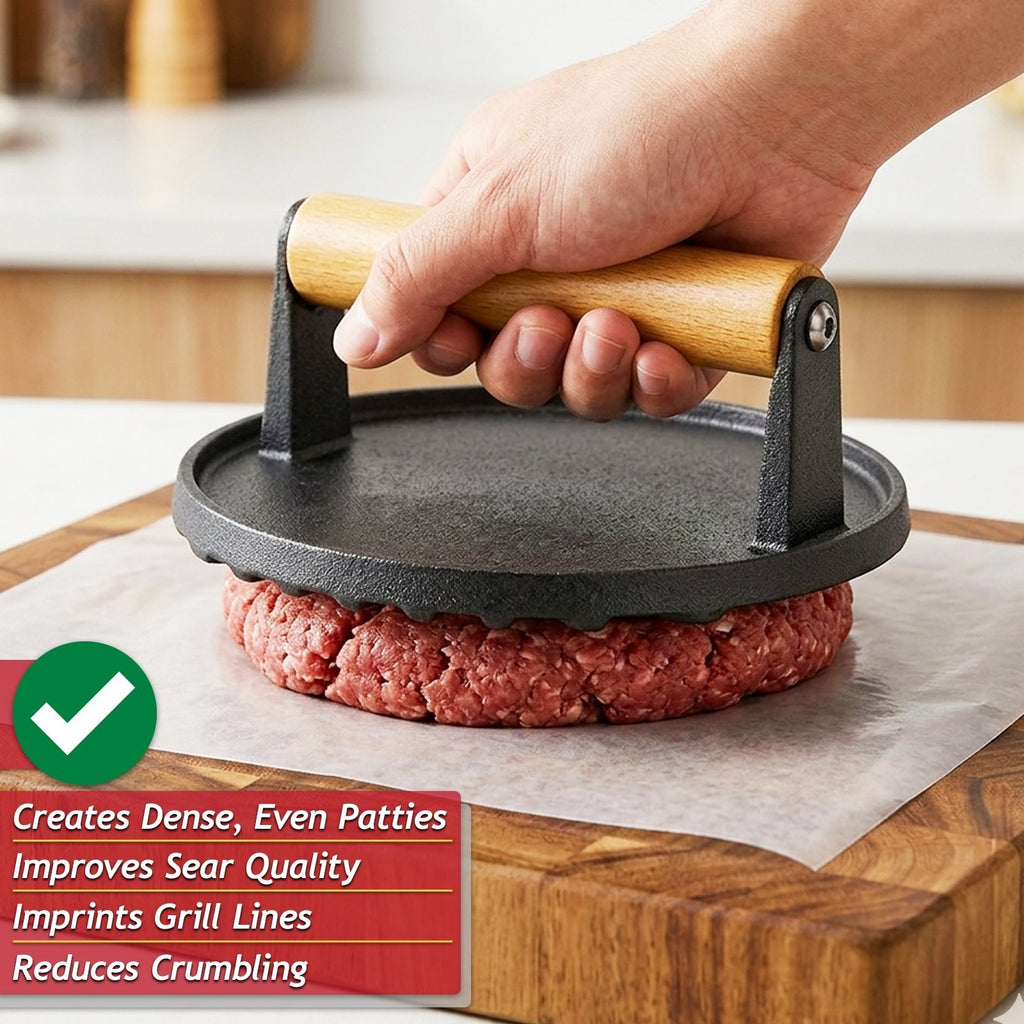 Burger Press Cast Iron 6.9" Heat Resistant Wood Handle BBQ Meat Grill Smash Tool