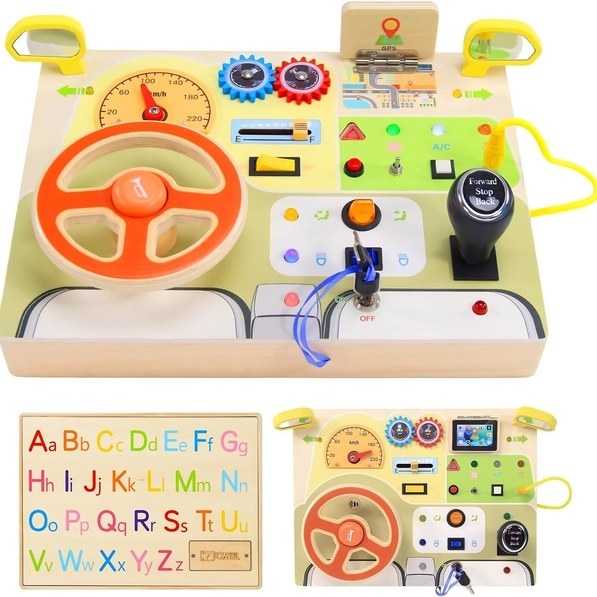 Montessori Simulated Car Driving Wheel Busy Board Sensory Toys with Light Switch