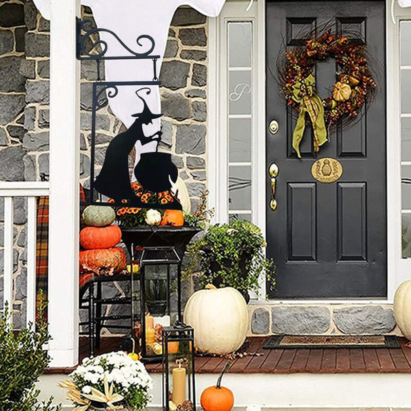 Halloween Witch Cauldron Silhouette Wall Decor Outdoor Metal Hanging Ornament