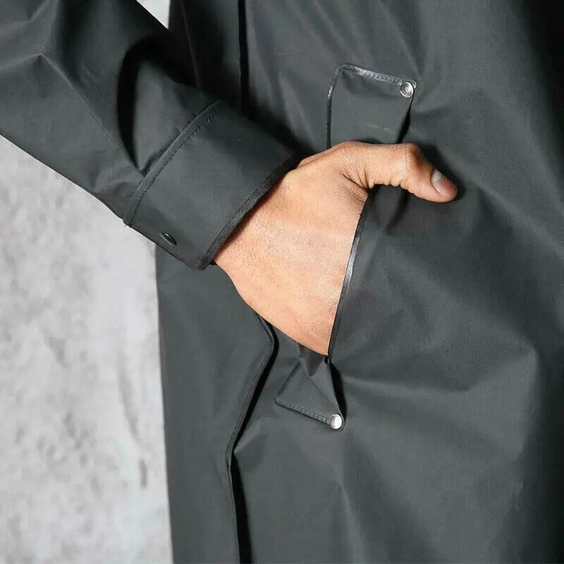 Men Black Waterproof Long Raincoat Rain Coat Hooded Trench Jacket Outdoor Hiking