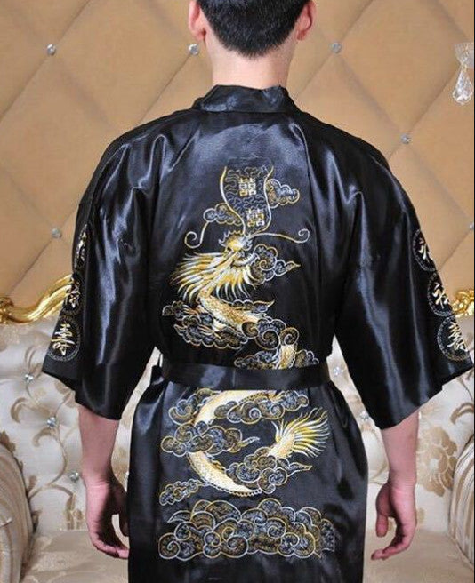 Chinese Dragon Satin Bathrobe Men's Kimono Pajamas for Stylish Comfort