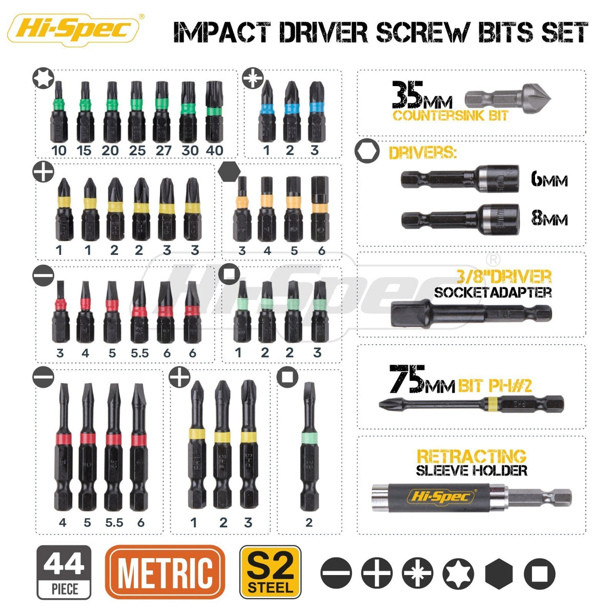 Impact Drill Screw Driver Nut Bit Magnetic Set 1/4” Hex Shank Hi-Spec 44 Piece